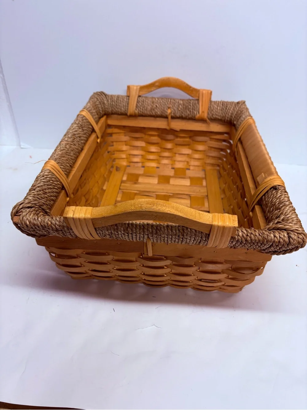 Harry & David Handwoven Rectangular Woven Basket in Natural Brown Wood Handles